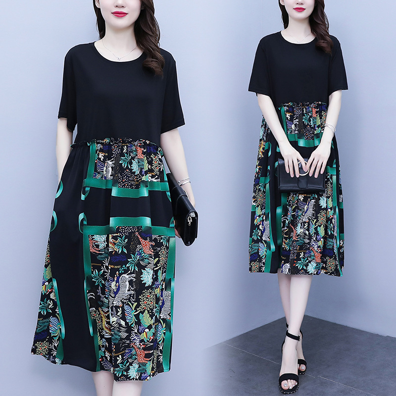 Plus size women's clothing 2023 Summer chubby girl Korean style fashion loose slimming temperament mid-length casual Printing Dress