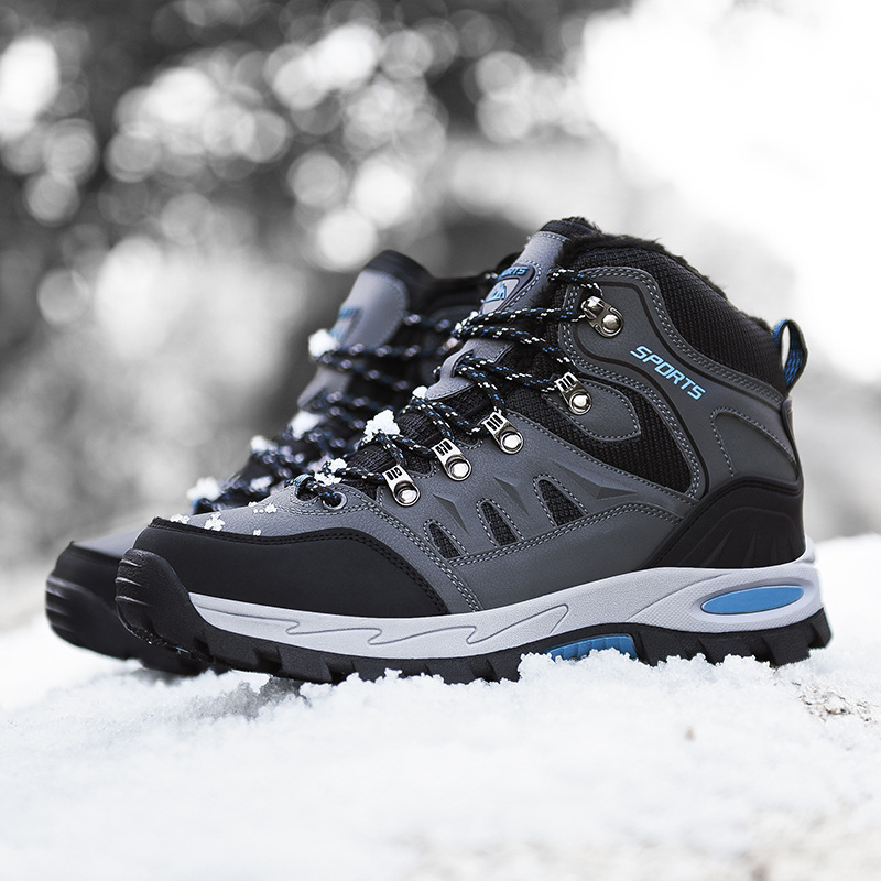 Autumn and winter cross-border couples outdoor hiking shoes mid-help hiking shoes for men and women plus size fleece-lined warm leisure sports