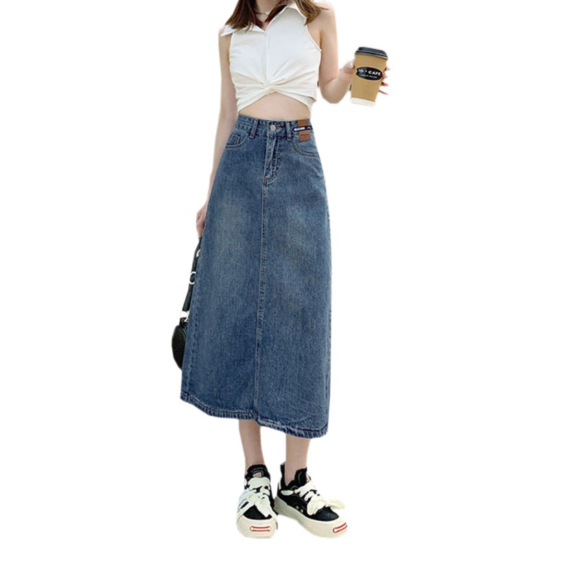 ins trendy denim skirt niche leather brand high waist A- line mid-length casual straight back slit design sheath skirt for women