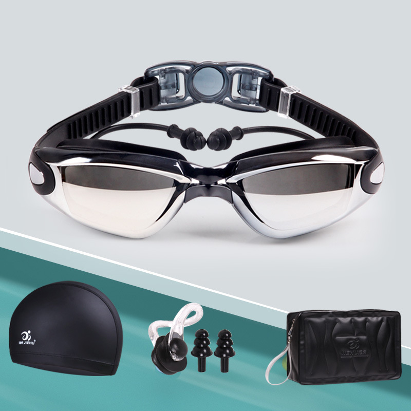 Jiehu Swimming Goggles Four-piece Set One-piece Earplug Swimming Goggles Myopia Waterproof Anti-fog 8530 Adult Swimming Cap Swimming Bag suit