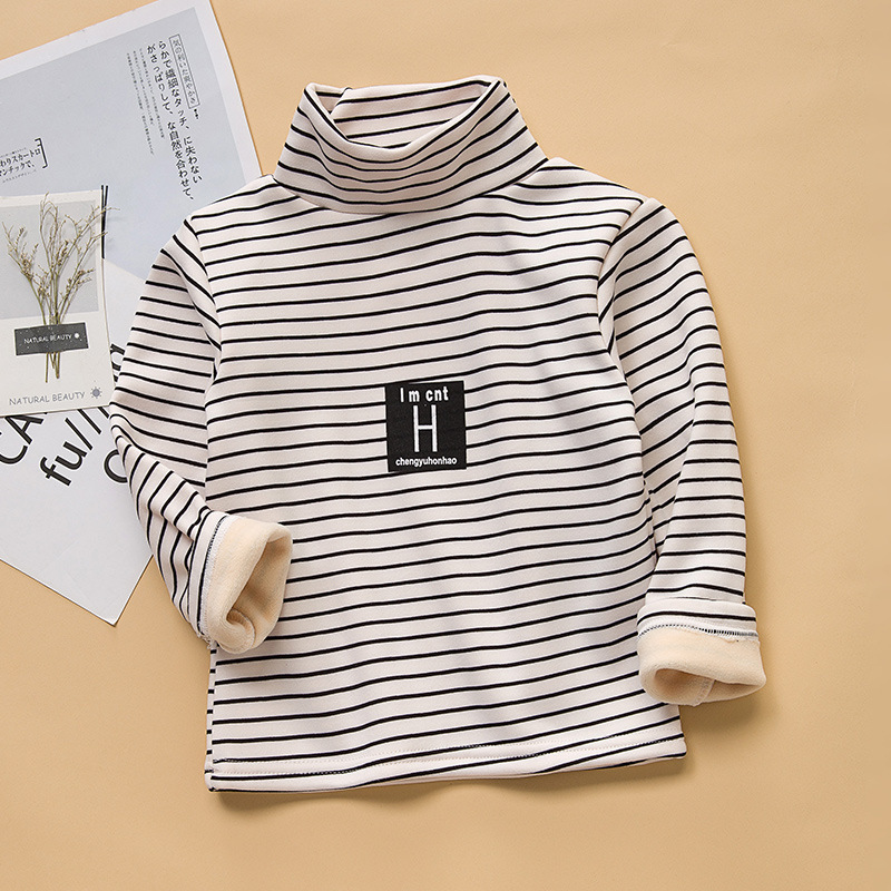 Picture of 2025 Kidsren's Bottoming Shirt Half Turtleneck Fleece-Lined Stripesd Long-Sleeved Warm Top for Boys and Girls Trbottomy Korean Style Autumn and Winter Kidsren's Clothing