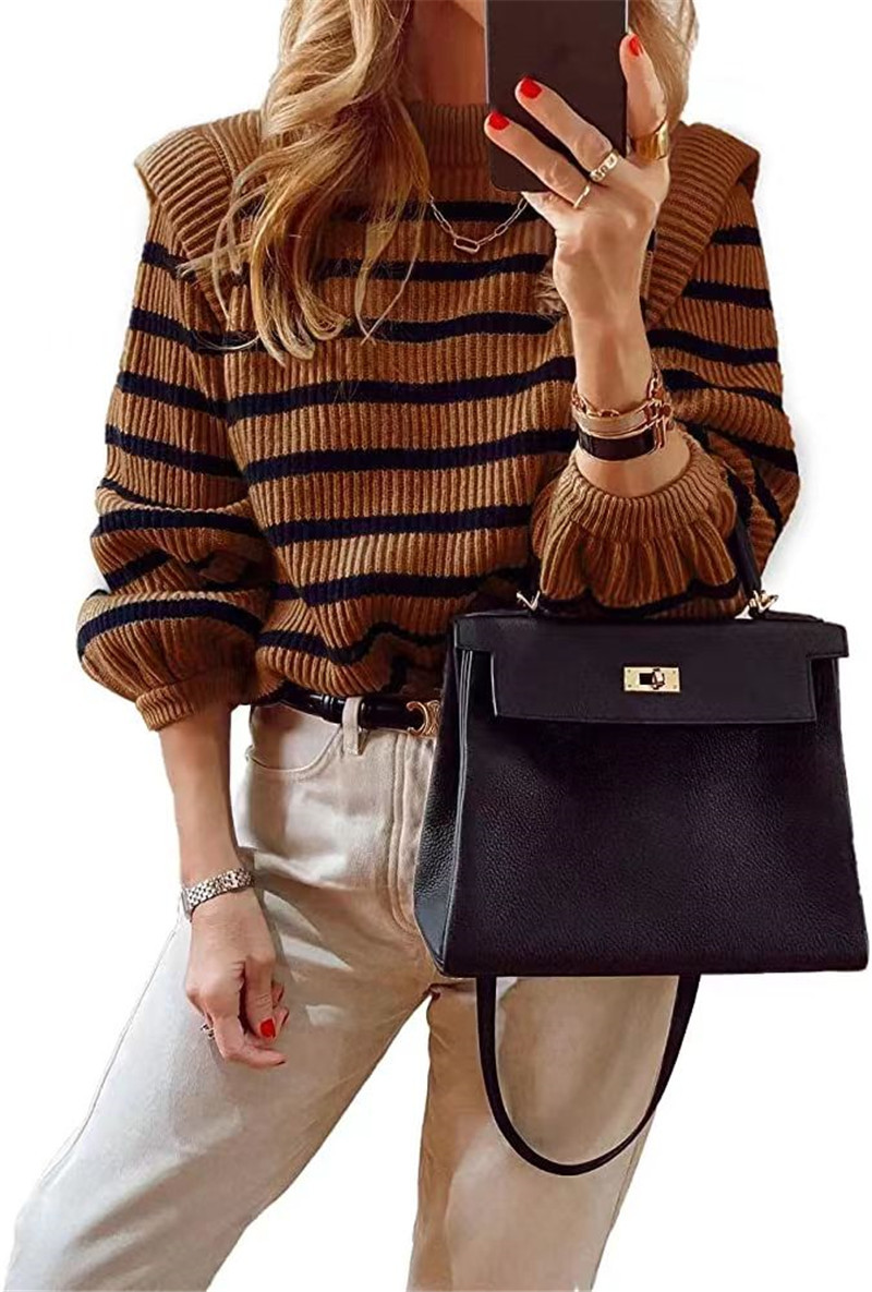 Picture of Aliexpress New 2025 Women's Fashion Striped Round Neck Puff Sleeve Sexy Knitted Sweater
