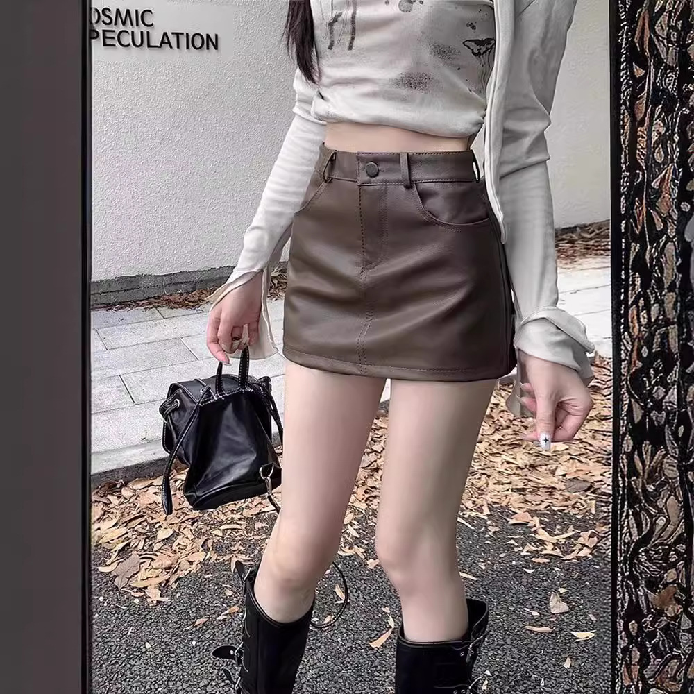 Pure desire style pu leather skirt skirt women's autumn high waist texture brown hot girl sexy age-reducing A- line hip skirt