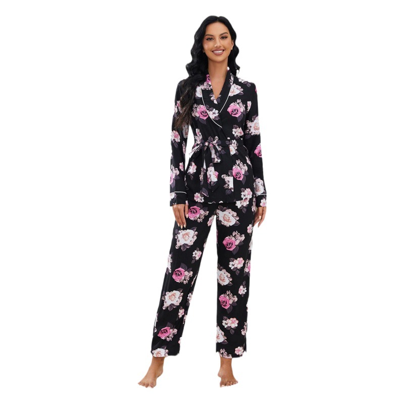Cross-border European and American pajamas women's autumn and winter long-sleeved nightgown trousers home wear two-piece set can be worn outside foreign trade independent station