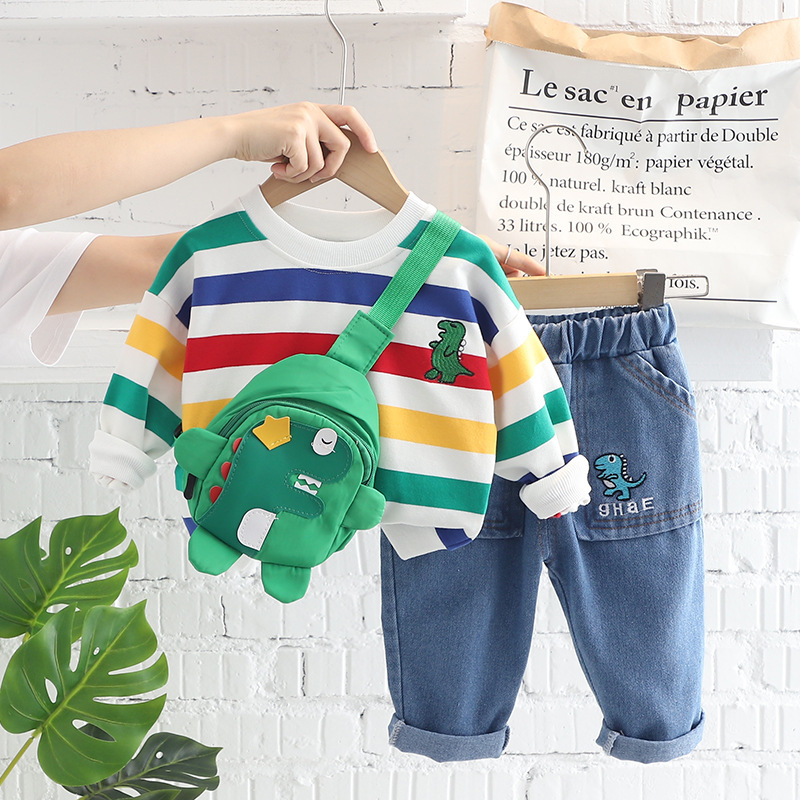 2025 New Stylish Children's Fashionable Baby Spring and Autumn Color Strip Dinosaur Long Sleeve Two-Piece Set Boy's Spring suit