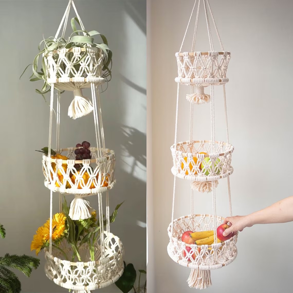 Cotton rope hand-woven tapestry bamboo ring net pocket fruit hanging basket bohemian style decorative plant flower basket