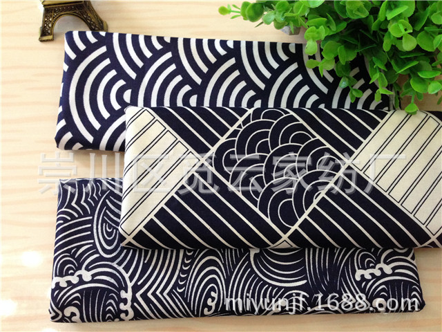 [Japanese style and wind] navy blue Xiangyun wave ripple cotton twill printing cotton fabric without fluorescent agent