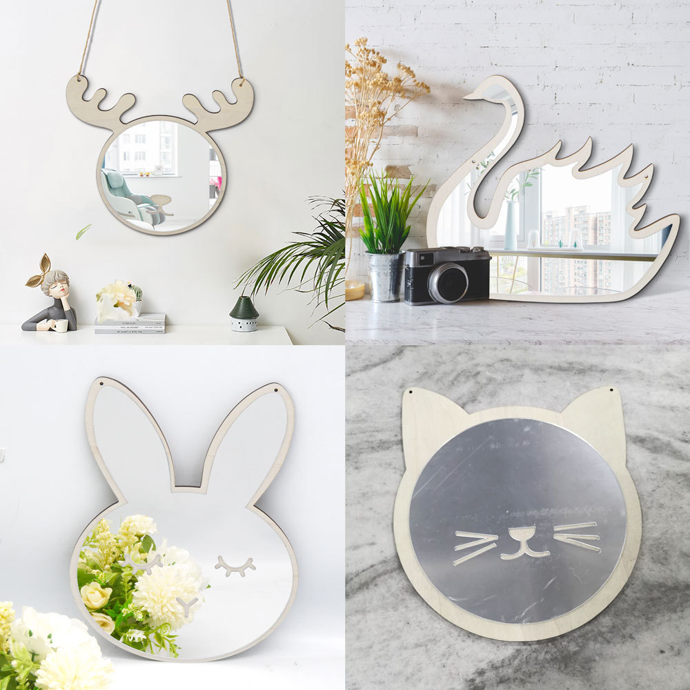 JZ012-058 Nordic style wooden children's mirror home decoration pendant ornaments photo props cartoon Mirror stickers