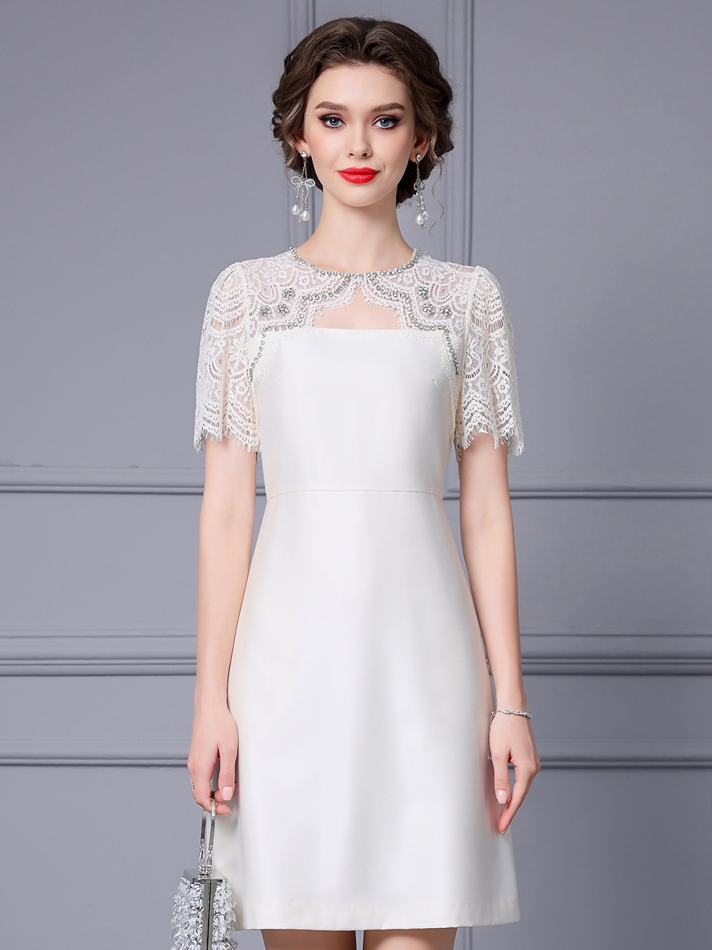 Picture of Zhili noble and elegant temperament dress heavy industry nail drill lace stitching short sleeve high waist A- line skirt summer women
