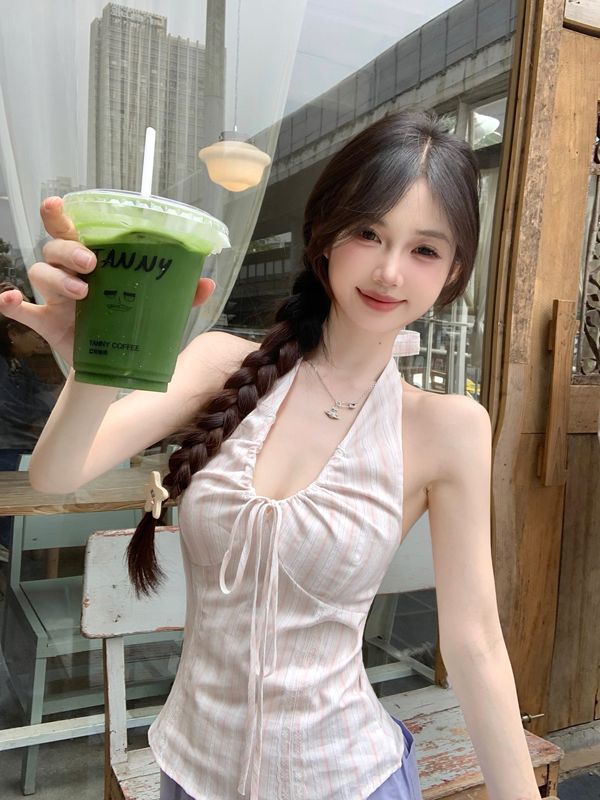 Pink V-neck Lace-up Neck Vest Women's 2025 Summer New Sweet Spice Girl Niche Slim-fit Slimming Sleeveless Top