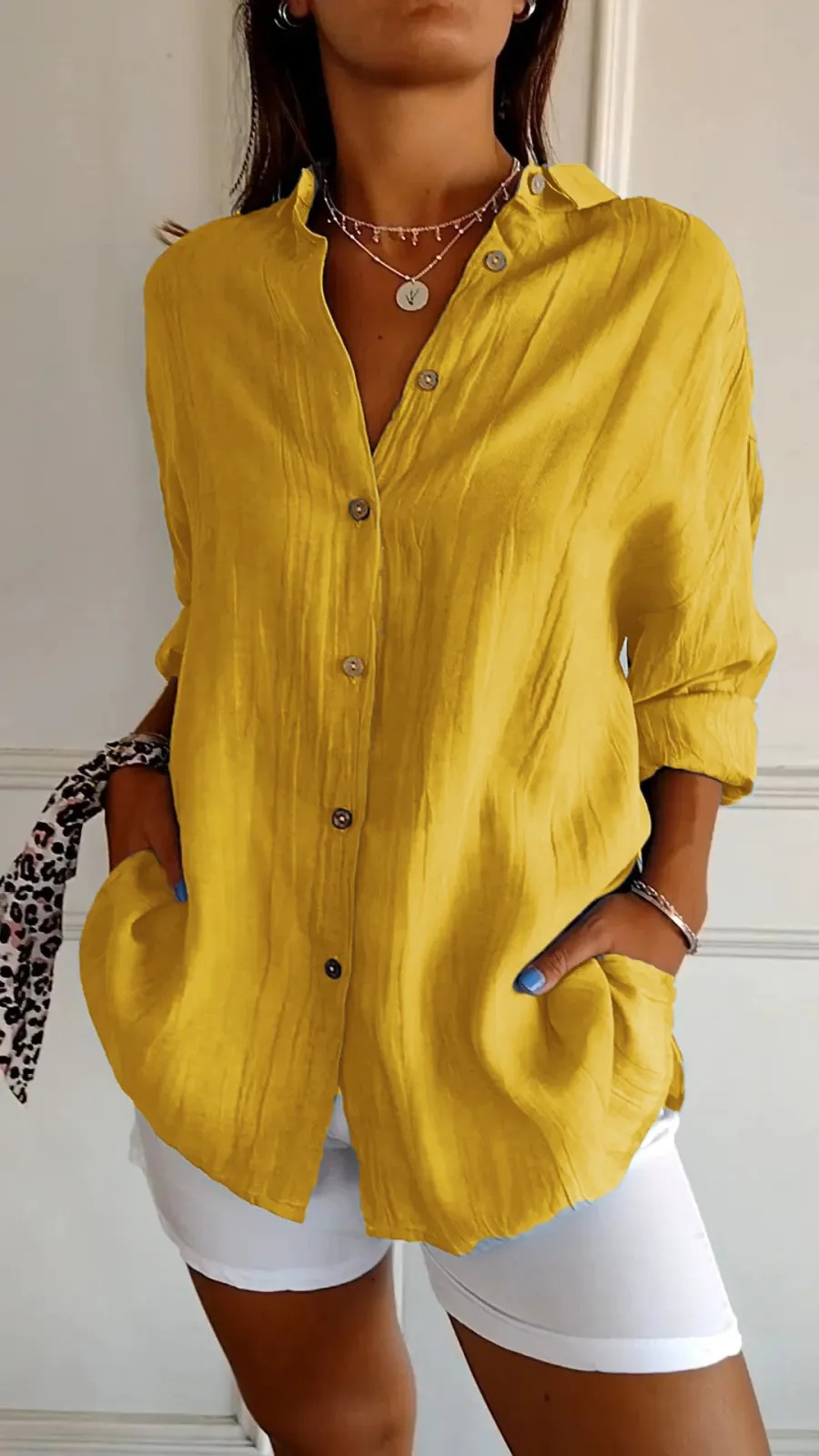 Picture of 2024 New Single-breasted Pleated Lapel Shirt Independent Station Explosions Women's Solid Color European and American Sleeve Top