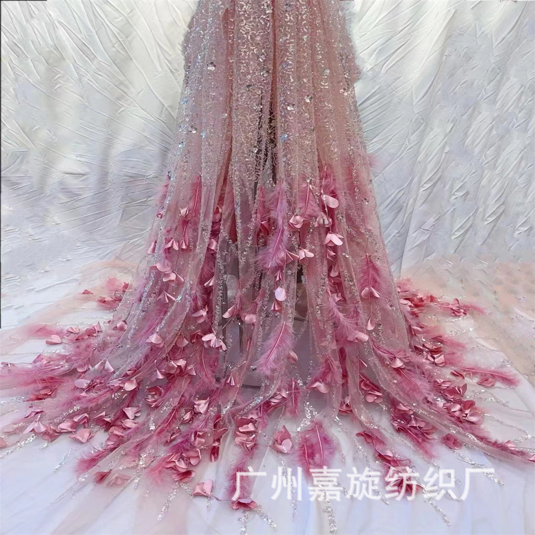 European and American Handmade Feather Beads Tassel Three-dimensional Flower Wedding Evening Dress Embroidered Cloth Sequins Catwalk dress Fabric