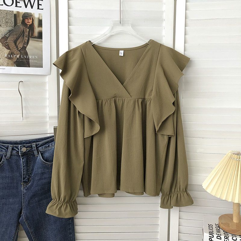 Picture of Autumn 2022 Korean-style Retro All-match Loose V-neck Ruffled Long Sleeve Outer Wear Solid Color Doll Shirt Top