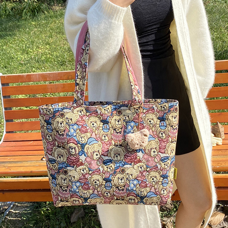 Picture of Ins New Children's Retro Printed Cute Bear Shoulder Underarm Bag for Primary School Students Going Out Casual Handbag
