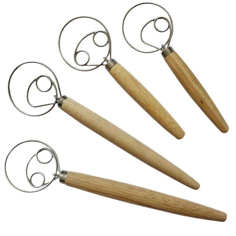 Stainless Steel Oak Handle Coil Dough Beater Double Ring Manual Egg Beater Single Ring Flour Stirrer