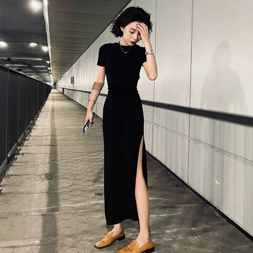 Two Sides Split dress Pure Desire Style Slim-fit Hot Girl dress Slim-looking Flesh-covering Summer Waist-wrapped Hip Long Dress