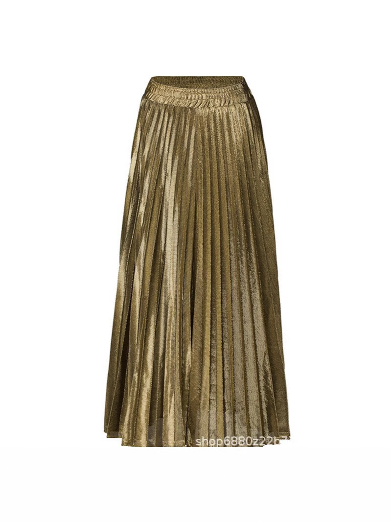 Spring and Summer New Pleated Skirt Long Skirt Wholesale European and American High Waist Large Hem Golden Beach Skirt