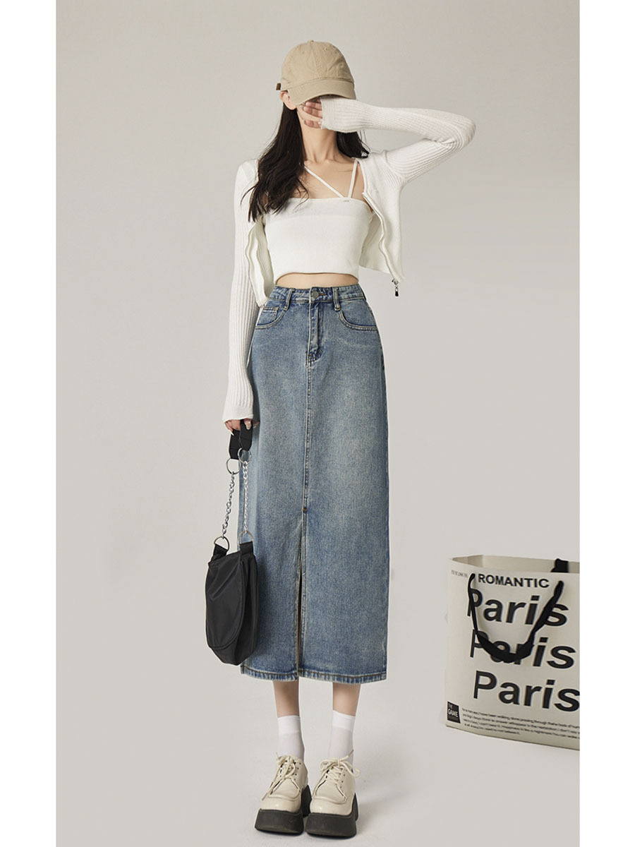 Denim Skirt Women's Spring and Summer High Waist Slim A- Line Skirt Pear Shape Vintage Split Long Skirt