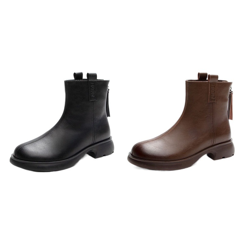 Autumn and Winter Genuine Leather fleece-lined Warm Martin Boots Women's All-match Slimming Round Toe Short Boots Retro British Thick Heel Boots