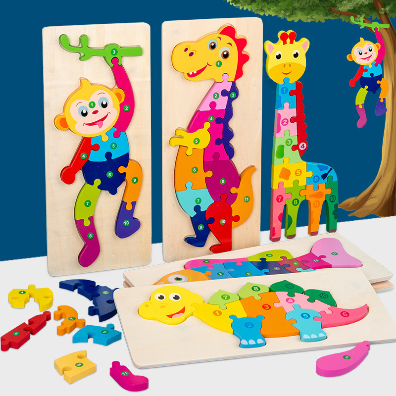 Cross-Border Large Dinosaur Buckle Three-Dimensional Puzzle Wooden Toy Children's Educational Early Education Wooden Baby Building Block Toy