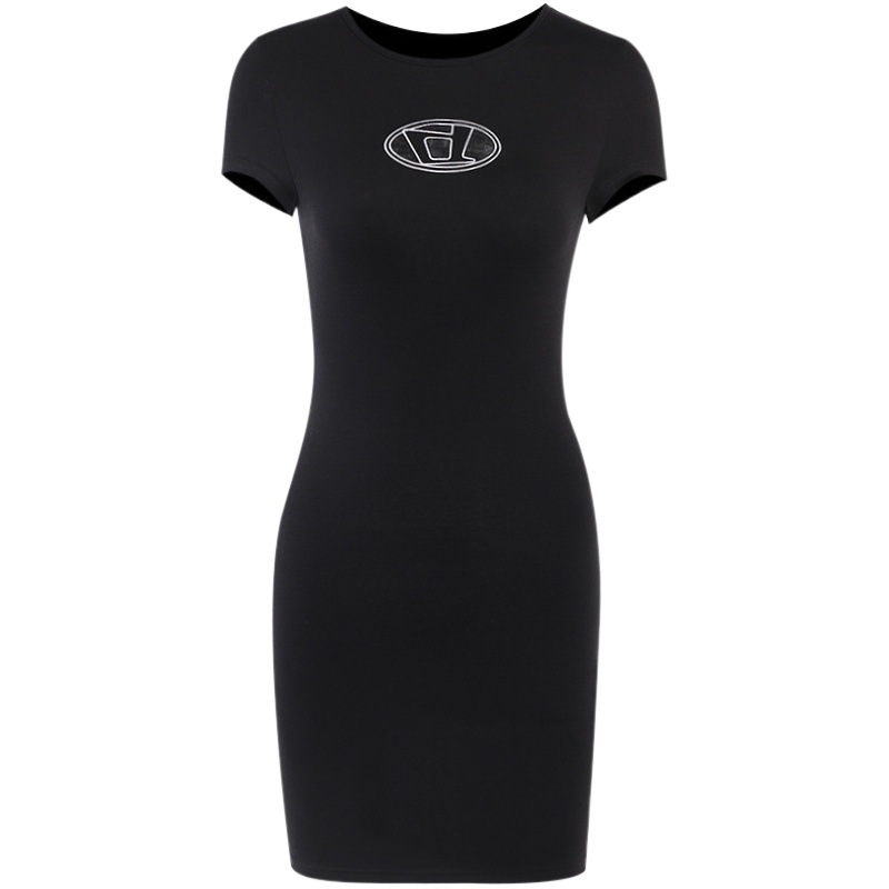 2023 cross-border European and American women's Amazon knitted round neck short sleeve dress 2023 spring women's black sex