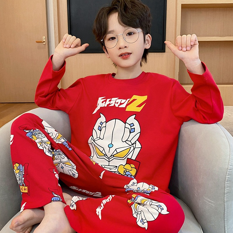 Picture of Spring and Autumn boys' pajamas pure cotton long-sleeved red animal year Festive dragon year little boy children's homewear suit
