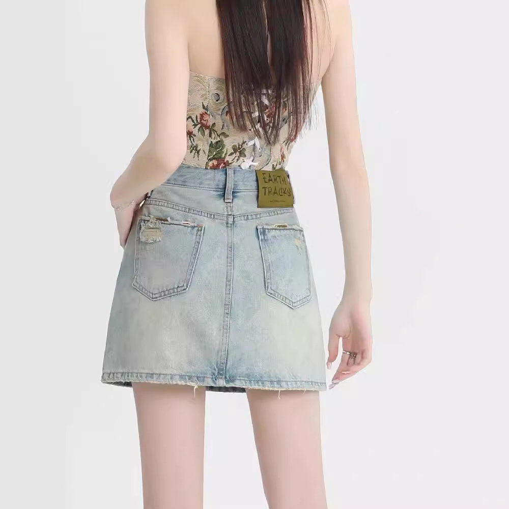 American Style Retro Denim Skirt Women's Summer New High Waist Slimming Hot Girl Anti-glare A- line Hip Short Skirt