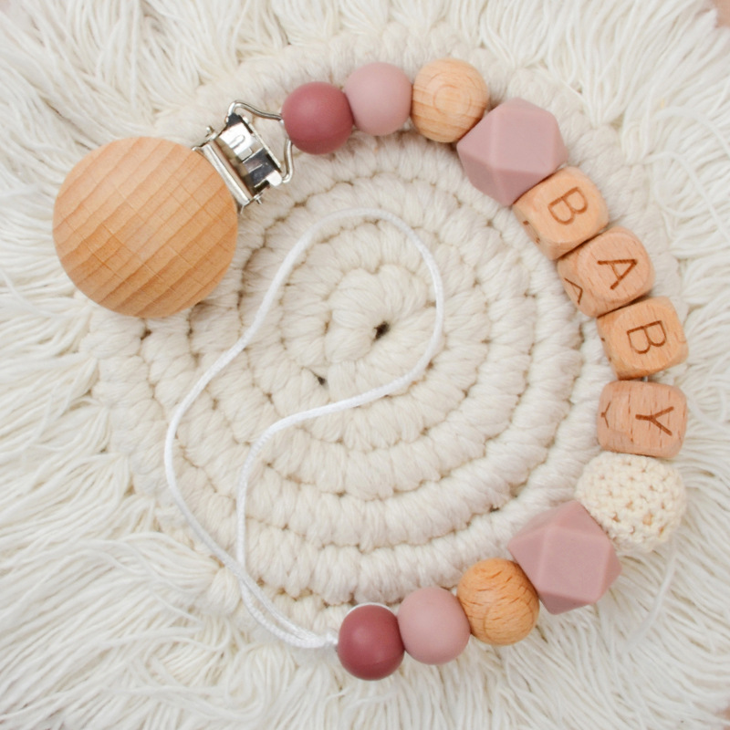 Picture of New Beech pacifier clip Beech letters BABY silicone octagonal beads wool crochet anti-drop chain