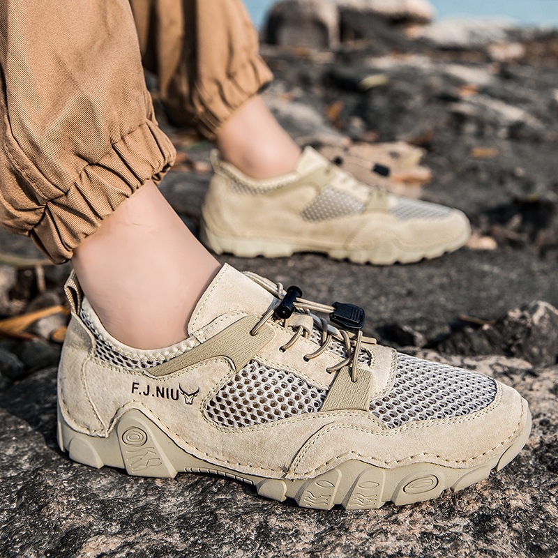 Cross-border Explosions Mesh Shoes Men's 2025 Summer Breathable Genuine Leather Mesh Men's Casual Shoes Hollow Mesh Shoes