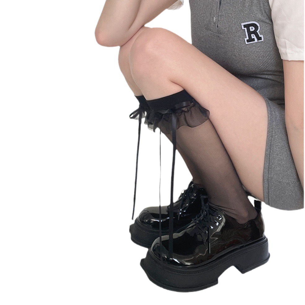 Ultra-thin jk black calf socks women's spring and summer fleshy lace mid-length socks lolita Sweet pile socks