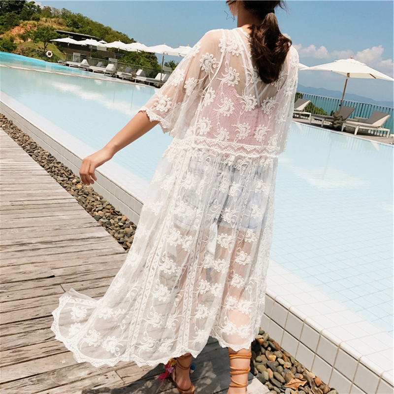 European and American Cross-border Special for Seaside Holiday Bohemian Hollow Cardigan Sunscreen Long Dress Crochet Lace Jacket Women