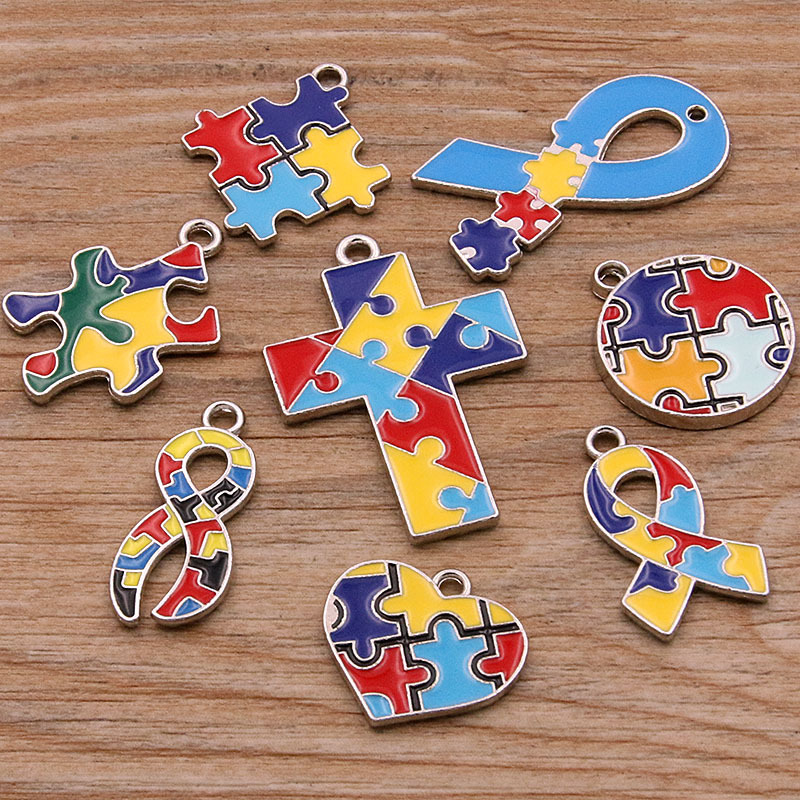 Picture of 8 Styles, 2 Colors DIY Alloy Jewelry Contrasting Color Puzzle Autism Pendant Round Heart Puzzle Asymmetrical Pendant
