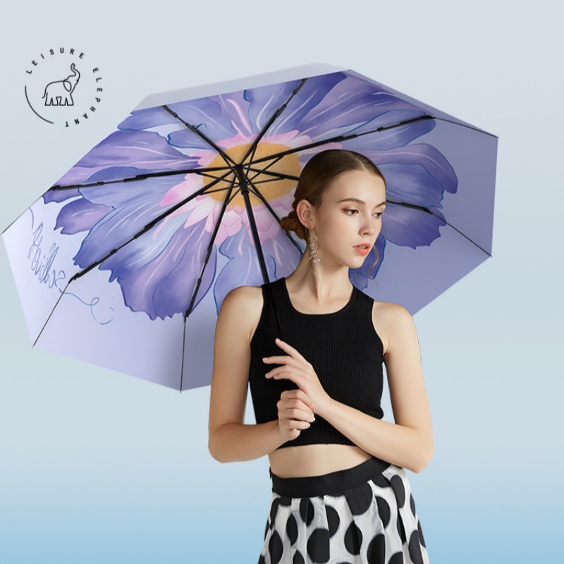 Idle Elephant Women's Three-fold Manual Folding Double-layer Sun Umbrella Sunshade Sunscreen and Rain Protection UPF50 Large Umbrella