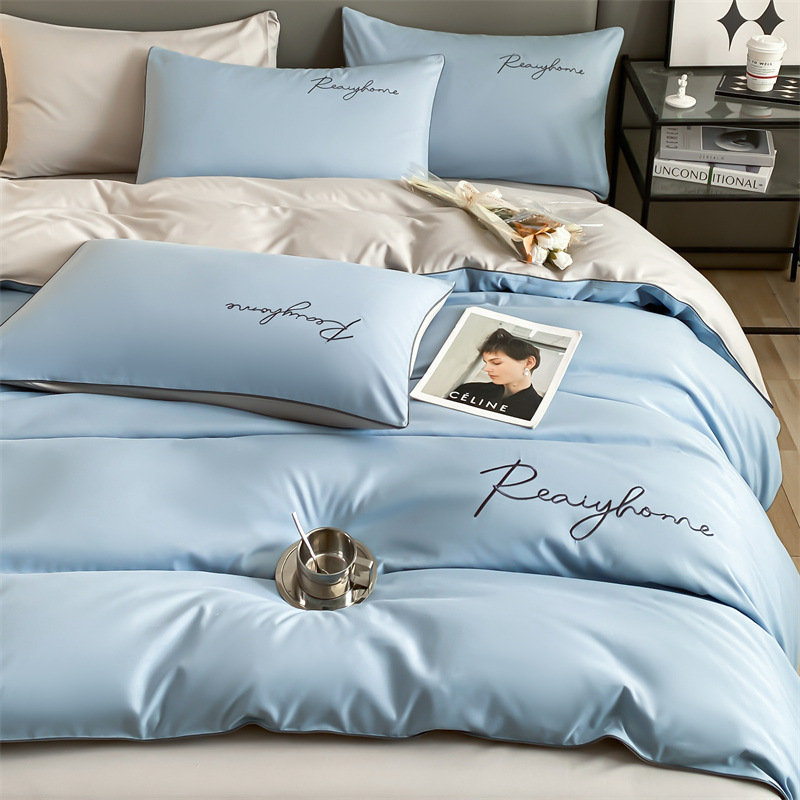Picture of Solid color double four-piece set of style bed sheets home light luxury quilt cover washed cotton embroidered letter quilt cover three-piece set