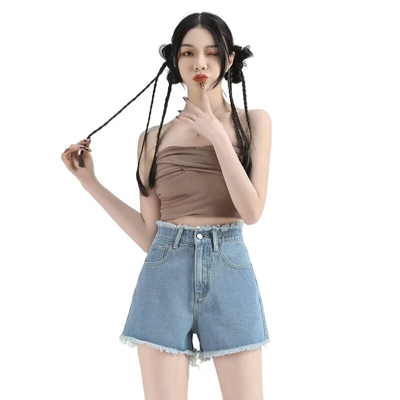 Denim Shorts Women's Summer New Arrival Rough Edge 2024 High Waist Loose Slim Look Wide Leg Pants Trendy Ins