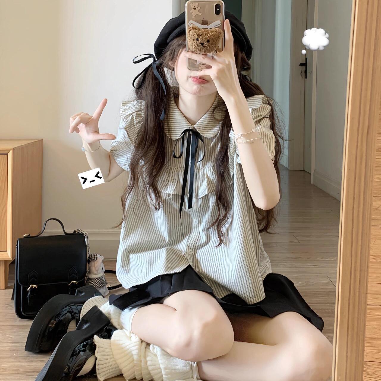 College Style Striped Ruffled Puff Sleeve Shirt Women's Early Autumn Sweet Design Sense Small Body-Slimming Short Top