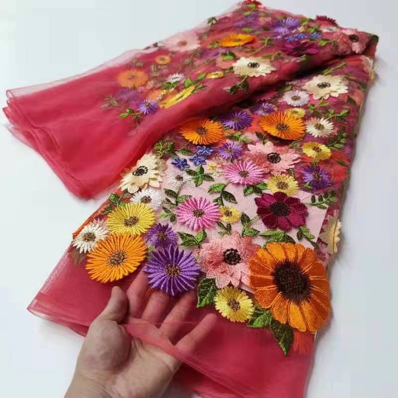 Picture of National cheongsam 3D three-dimensional floating flower mesh embroidery lace fabric unilateral sunflower dress dress fabric