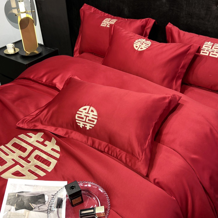 Picture of Big Red Washed Cotton Sanding Wedding Bed Four-piece Set New Wedding Bedding Bed Sheet Wedding Wedding Quilt Cover