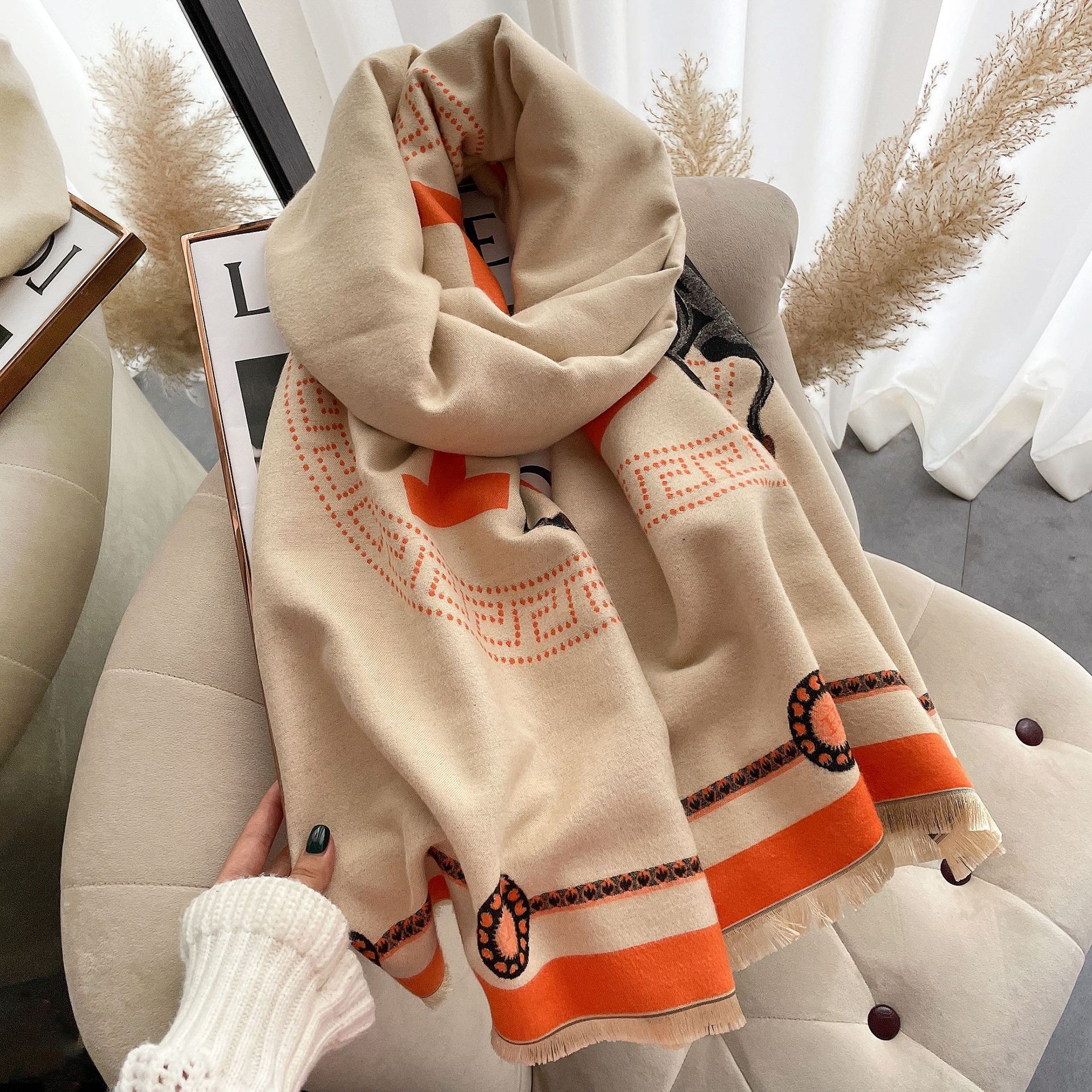 Picture of 2024 New Fashionable Big-Name Versatile Orange High-End Wool Cashmere Shawl Scarf for Women Winter Dual Use