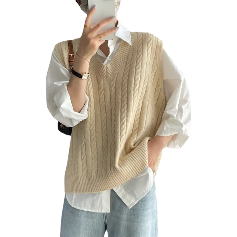 2024 Spring and Autumn New V-Neck Twist Women's Knitted Vest Stacked with Sweater Vest Waistcoat Fashionable Top