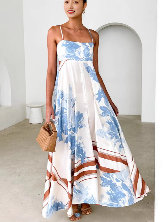 2024 Independent Station European and American Cross-border Summer Fashion Printed Backless Sling Sexy High Waist dress Women