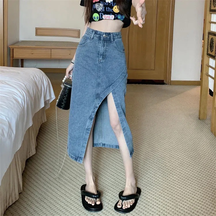 chic Irregular Split Denim Skirt Women's Summer 2023 New Hong Kong Style Design Sense High Waist Slimming Skirt