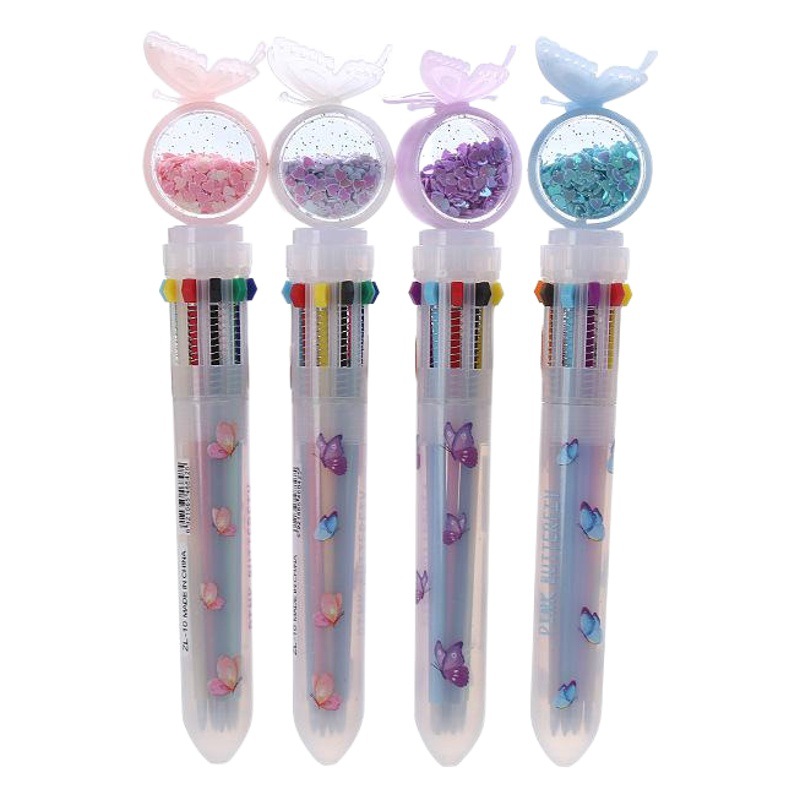 Creative multicolor ballpoint pen cute butterfly sequins ten color pen cartoon girl heart color pen student ballpoint pen