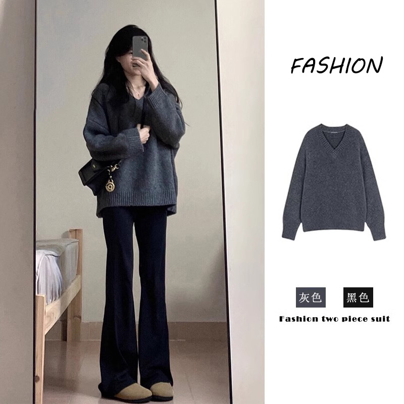 Lazy Style Loose V-neck Grey Sweater Women's Spring and Autumn 2024 New Slim Inner Base Sweater Top