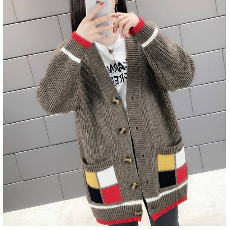 Picture of New Thickened Contrast Color Pocket Knitted Cardigan Women's 2024 Korean Style Autumn and Winter Loose Women's Outer Sweater Jacket Trendy