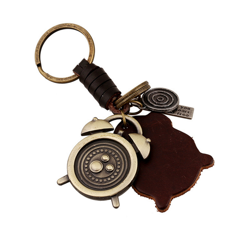 Japanese and Korean punk jewelry atmospheric alloy alarm clock genuine leather keychain vintage woven men's cowhide keychain