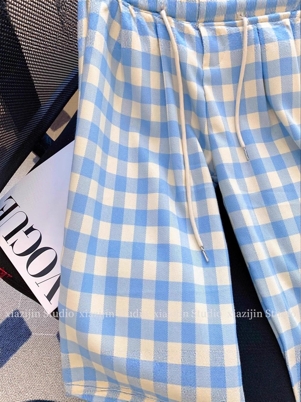 Picture of 2025 new blue plaid slacks, summer and spring thin women's loose wide-leg pants, high-waisted drape Yamamoto pants