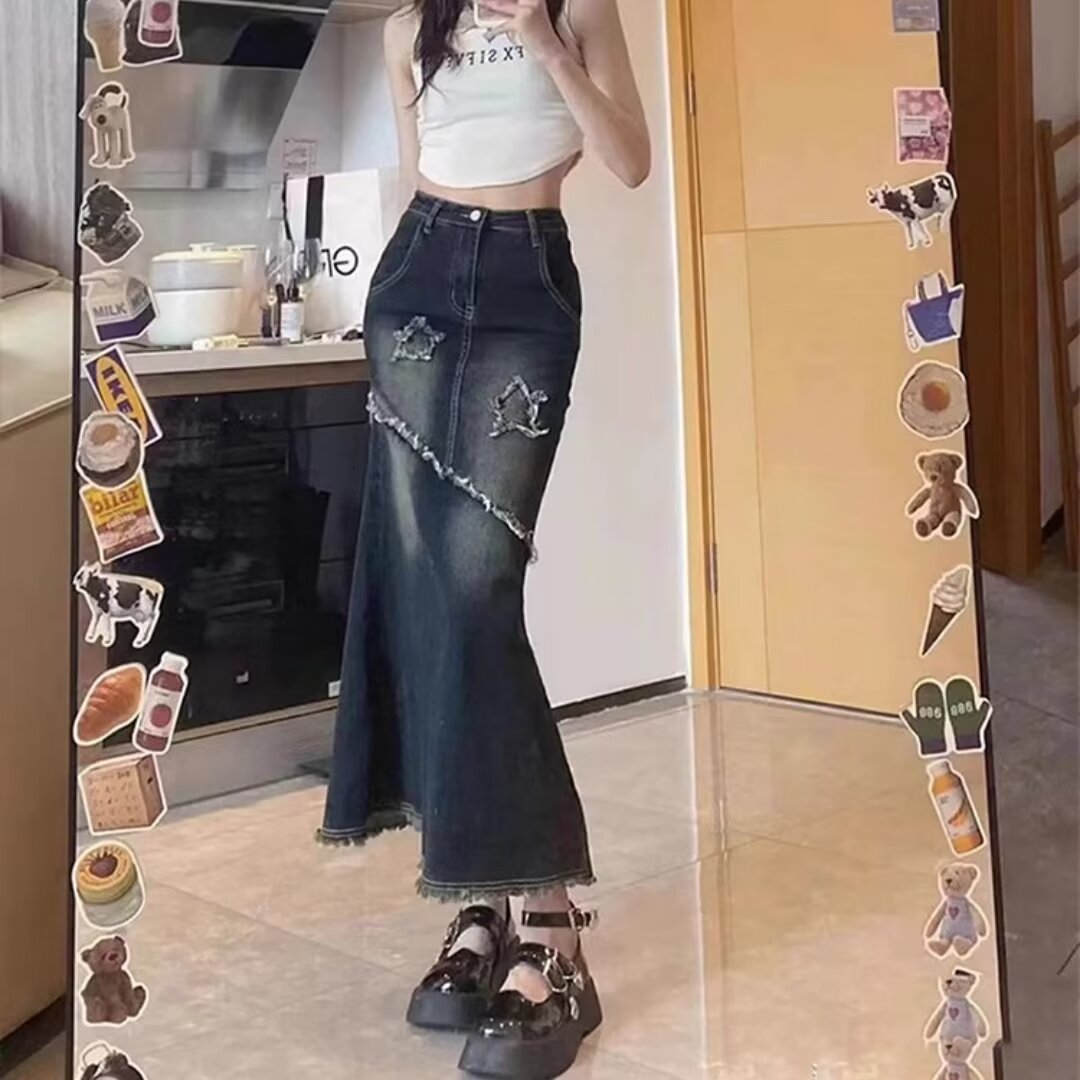 American Style Ins Retro Denim Skirt Girl's Summer High Waist Design Sense Mid-Length A- Line Fishtail Skirt