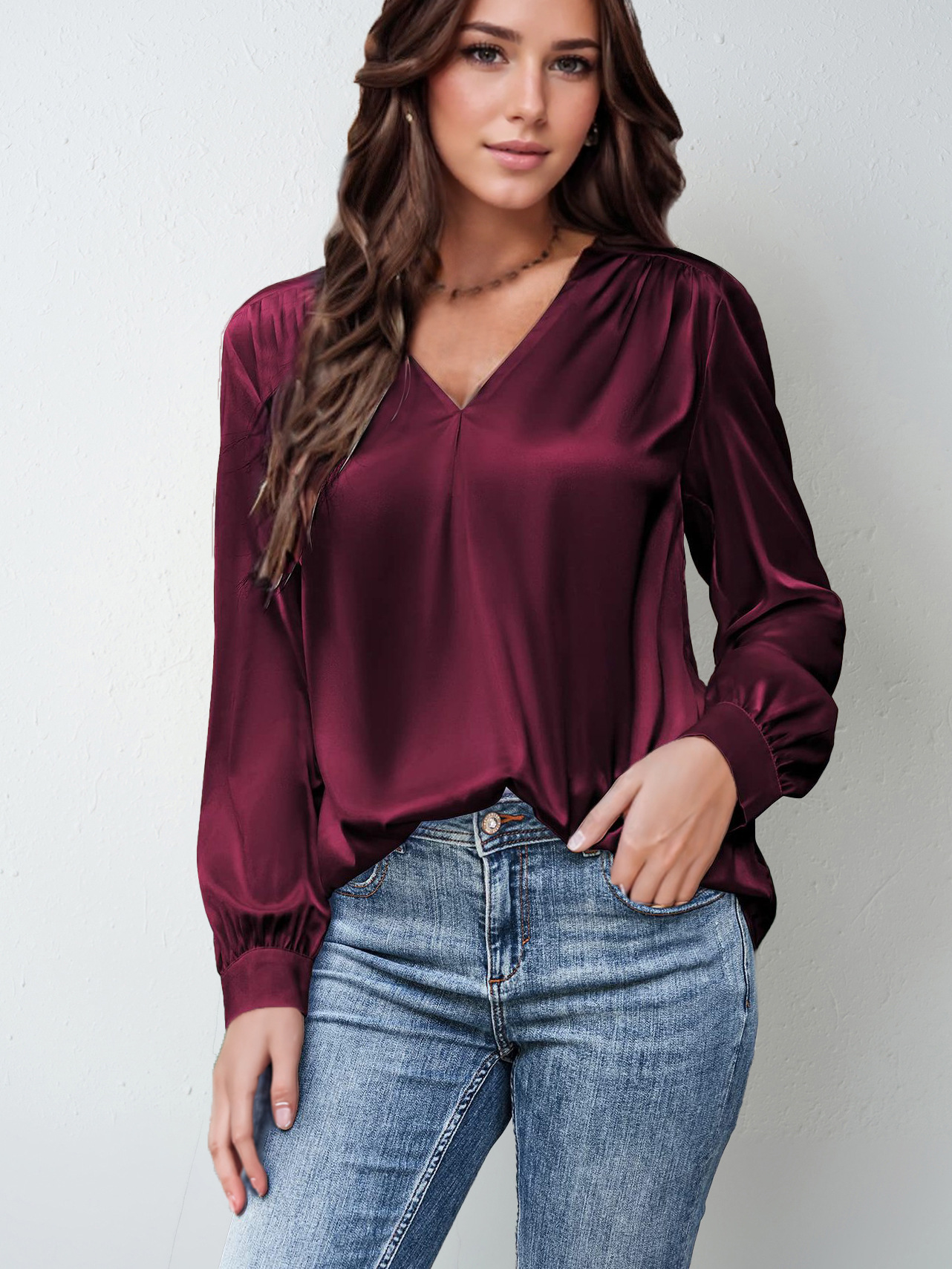 Picture of 2025 Amazon Popular Women's Clothing Satin Pleated Long-Sleeved Top V Neck Casual Loose Satin Commuter Shirt