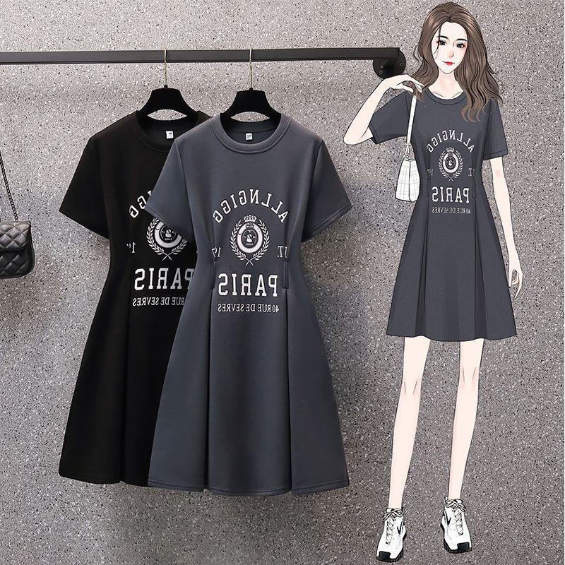 plus size Women's chubby girl Summer Dress Design Letter Printing Pleated Waist to Cover Flesh Slimming Fashion A- word dress